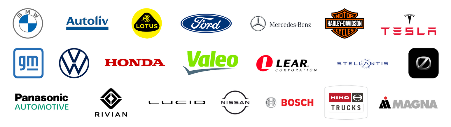 Company logos of ALSC Global attendees, including BMW, Bosch, Ford, Lotus, Mercedes-Benz, Tesla, Honda, General Motors, and more.